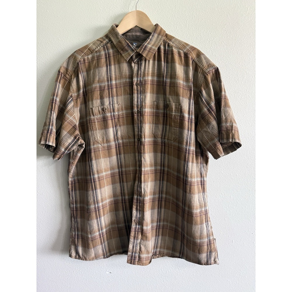 Kuhl Skorpio Mens Short Sleeve Shirt‎ XXL Linen Cotton Brown Plaid Button Up